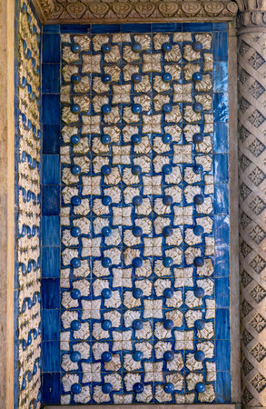Sintra, Portugal - 21 August 2019: Rectangular pattern of ceramic wall tiles in Pena Palace with feather shapesのeditorial素材