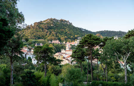 View of the Portuguese town of Sintra with the Moorish fortress on the hilltop above the cityの写真素材