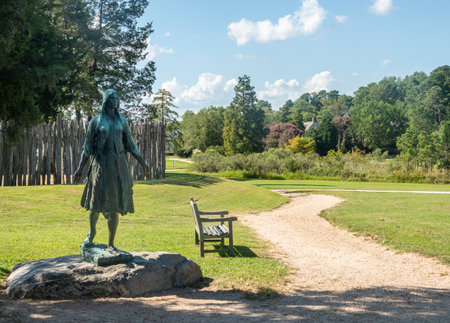 Jamestown, VA - 2 September 2019: Statue commemorating Pocahontas in the Jamestown Settlement in Virginiaのeditorial素材