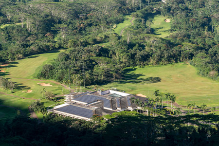 Honolulu, HI - 23 January 2020: Aerial view of the solar panels on the Koolau Golf Club house from the Nuuanu Pali lookout in Oahuのeditorial素材