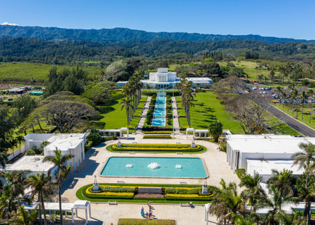 Laie, HI - 24 January 2020: Aerial view of the Laie Hawaii Temple of the church of the latter-day saints on Oahuのeditorial素材