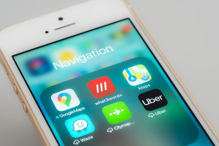 Morgantown, WV - February 9, 2020: iPhone using what3words app which find exact location of an addressのeditorial素材