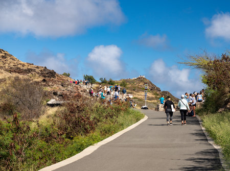 Honolulu, HI - 25 January 2020: Hikers on the trail to Makapuu point and the lighthouse on Oahuのeditorial素材