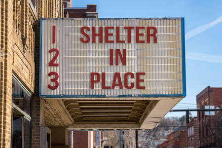 Movie cinema billboard with Shelter in Place message to avoid the coronavirus epidemic.の写真素材