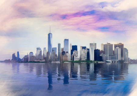 Digital pastel painting of a panorama of Manhattan in New York City from the Hudson Riverの写真素材