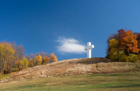 The metal structure of the Great Cross of Christ on Dunbars Knob in Jumonville, PAの写真素材