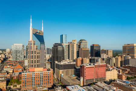 Nashville, Tennessee - 28 June 2021: Aerial drone view of the financial downtown district of Nashvilleのeditorial素材