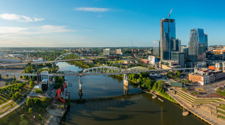 Nashville, Tennessee - 28 June 2021: Aerial drone panorama of the John Seigenthaler pedestrian bridge or Shelby street crossingのeditorial素材