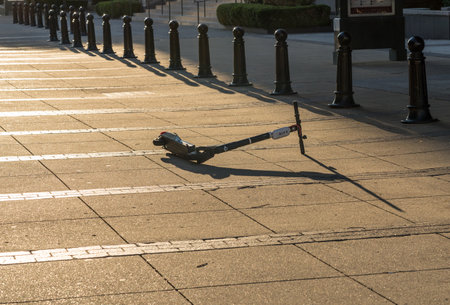 Nashville, Tennessee - 28 June 2021: Bird electric scooter abandoned on Pedestrian bridge near Broadway and downtown entertainmentのeditorial素材