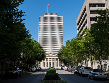 Nashville, Tennessee - 28 June 2021: Street leading to the military museum or memorial in Nashville business districtのeditorial素材