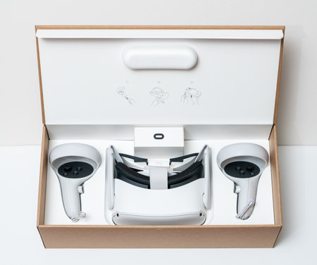 Morgantown, WV - 23 September 2021: Oculus Quest 2 VR headset in box ready from Metaverse from Facebookのeditorial素材