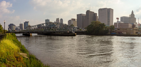 Newark, NJ - September 11, 2013: Skyline of Newark, NJ over Passaic River from Harrison Riverbank at sunsetのeditorial素材