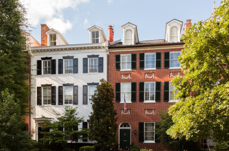 Washington DC - 13 August 2013: Federal-era architecture. Coxs Row - group of five Federal houses, between 3339 and 3327 N Streetのeditorial素材