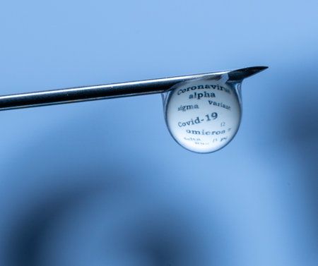 Concept of effectiveness of vaccines against covid-19 with droplet on the end of hypodermic syringe reflecting words describing coronavirusの写真素材