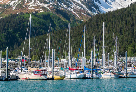 Seward, Alaska - 3 June 2022: Small boats in the port of Seward in Alaska