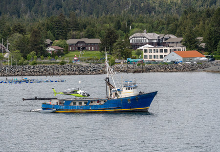 Sitka, AK - 8 June 2022: Steadfast arctic research ship anchored in Sitka bay in Alaska