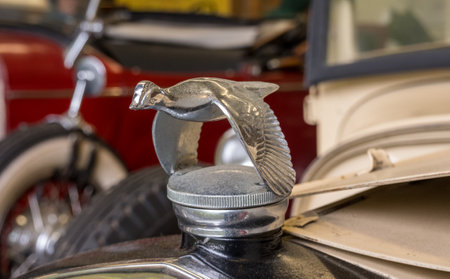 Ketchikan, AK - 10 June 2022: Flying quail or bird as hood radiator ornament on Model A vintage carのeditorial素材