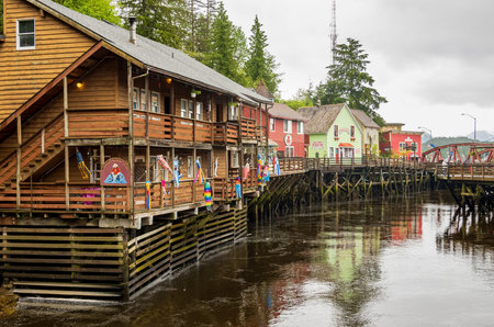 Ketchikan, AK - 10 June 2022: Famous Creek Street boardwalk and shops in Ketchikan Alaskaのeditorial素材