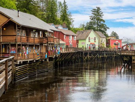 Ketchikan, AK - 10 June 2022: Famous Creek Street boardwalk and shops in Ketchikan Alaskaのeditorial素材