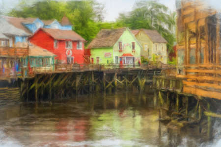Impressionistic painting of the famous Creek Street boardwalk and shops in Ketchikan Alaskaの写真素材