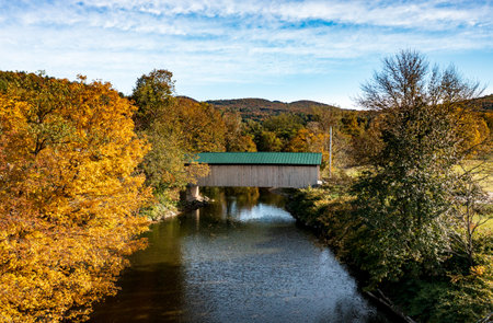 Aerial view of the Longley covered bridge near Montgomery in Vermont during the fall