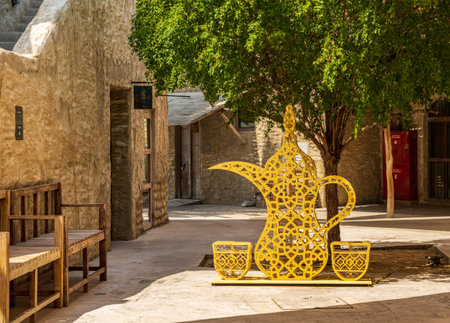 Traditional turkish coffee jug by the souk in the Old city of Dubai near Al Seef or Bur Dubaiの写真素材