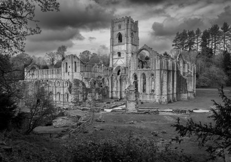 Detail of the ruins of Fountains Abbey in Yorkshire, United Kingdom in the spring converted to black and whiteの写真素材