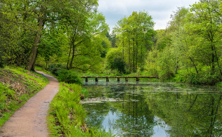 Old stone slab granite bridge across a pond or calm lake in English park landの写真素材