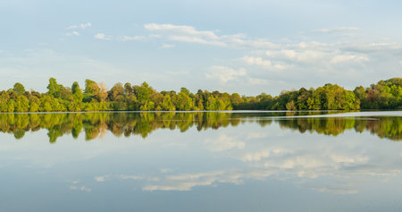 Panorama of the lake shore of the Mere with a perfect lake reflection in Ellesmere in Shropshireの写真素材
