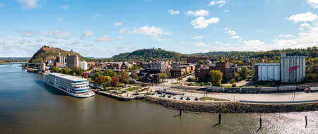 Red Wing, MN - 15 October 2023: Panoramic aerial view of the town in Minnesota with Viking Mississippi dockedのeditorial素材