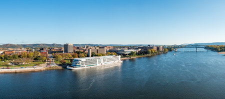 La Crosse, WI - 16 October 2023: Aerial panorama of the Viking Mississippi and river with cityscape in Wisconsinのeditorial素材