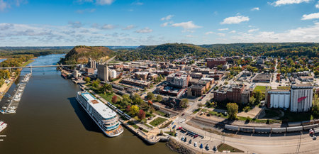 Red Wing, MN - 15 October 2023: Panoramic aerial view of the town in Minnesota with Viking Mississippi dockedのeditorial素材