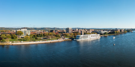 La Crosse, WI - 16 October 2023: Aerial panorama of the Viking Mississippi and river with cityscape in Wisconsinのeditorial素材
