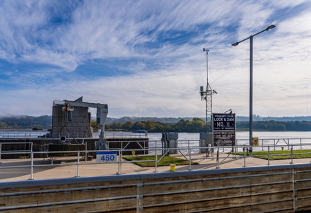 Dubuque, IA - 17 October 2023: Entering the Lock and Dam no. 11 on Upper Mississippi near Dubuque Iowaのeditorial素材