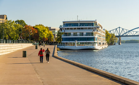 Modern Mississippi river cruise boat docked in La Crosse, Wisconsin on the riverfrontの写真素材