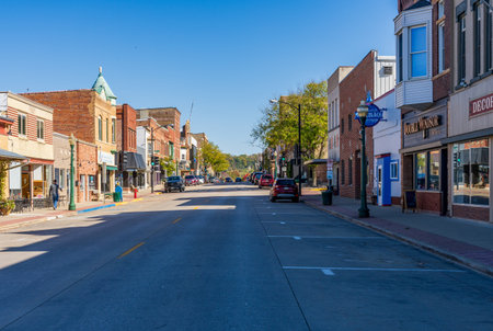 Decorah, IA - 16 October 2023: Shops and stores on W Water Street n Decorah, Iowaのeditorial素材
