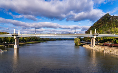 Red Wing, MN - 15 October 2023: Panoramic view of the new Eisnehower Bridge of Valor in town in Minnesota seen from Mississippi riverのeditorial素材