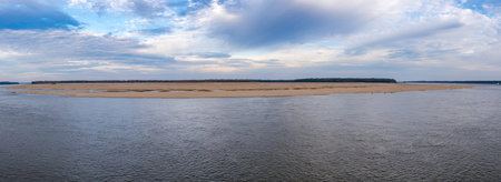 Panorama of sand banks due to extreme low water conditions on Mississippi river in October 2023 near Greenville, MSの写真素材