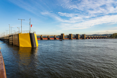 Entrance or exit from the Lock and Dam no. 11 on Upper Mississippi near Dubuque Iowaの写真素材