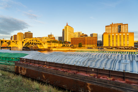 St Paul, MN - 14 October 2023: Early morning cityscape in Minnesota by Mississippi river with docked dry cargo bargesのeditorial素材