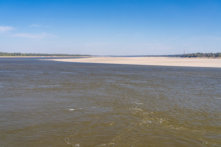 Extreme low water conditions on Mississippi river in October 2023 narrows river channel approaching Greenville MSの写真素材