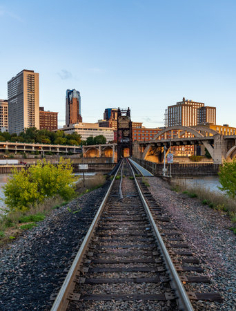 Early morning cityscape of St Paul and Twin Cities in Minnesota looking down rails of railroad bridgeの写真素材