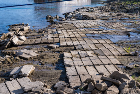 Damaged concrete revetment mats exposed by extreme low water conditions on Mississippi river in...