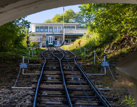 Steepest, shortest scenic railway in world on Fenelon Place in Dubuque Iowa with Fourth Street Elevatorの写真素材