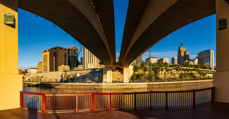 Cityscape of St Paul Minnesota and detail of Wabash Street bridge over the Mississippi riverの写真素材