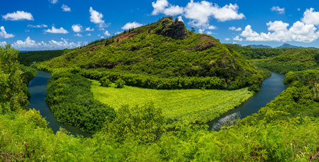 Dramatic panorama of the famous Wailua river which flows near Secret Grotto on the east coast of the Hawaiian island of Kauaiの写真素材