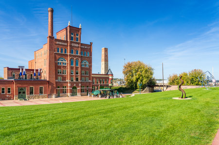 Dubuque, IA - 17 October 2023: Historic Dubuque Star Brewery alongside Mississippi river in Iowaのeditorial素材