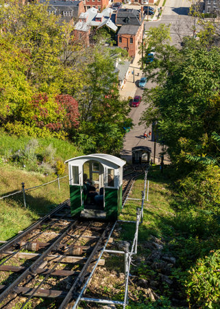 Steepest, shortest scenic railway in world on Fenelon Place in Dubuque Iowa with Fourth Street Elevatorの写真素材