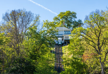 Steepest, shortest scenic railway in world on Fenelon Place in Dubuque Iowa with Fourth Street Elevatorの写真素材