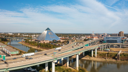 Memphis, TN - 23 October 2023: Panoramic view of Memphis Tennessee with Hernando de Soto bridge and Memphis Pyramid housing Bass Pro Shopsのeditorial素材